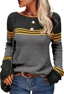 Produktbild von AKSA Damen Strickpullover Pullover Herbst Winter Langer Oversize Pulli Sweater Langarm Duenne Elegant Rundhals Sweatshirt Casual Winterpullover,Dunkelgrau,3XL