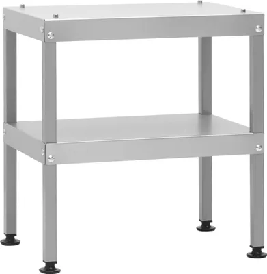 A silver metal two-tier shelf unit with four legs and adjustable feet, shown against a white background.