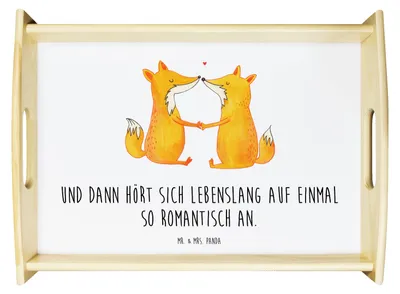 Produktbild von Mr. & Mrs. Panda Holztablett Füchse Liebe - Weiß - Geschenk, Servier Tablett, Fuchs, aus holz, Fox, Sofa, serviertablett, Frühstückstablett, Ehe, Paar, Freundin