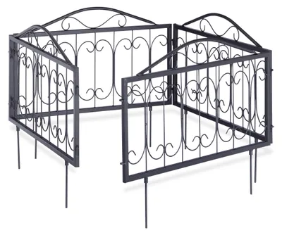 Image de 12 clôtures de parterre en métal, bordures de parterre à enfoncer, éléments de clôture vintage avec ornements, H x L 34,5 x 56,5 cm, noir