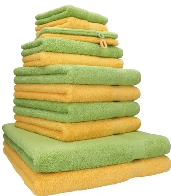Produktbild von Betz 12-tlg. Handtuch-Set PREMIUM 2 Duschtücher 4 Handtücher 2 Gästetücher 2 Seiftücher 2 Waschhandschuhe  Farbe:  honiggelb / avocadogrün