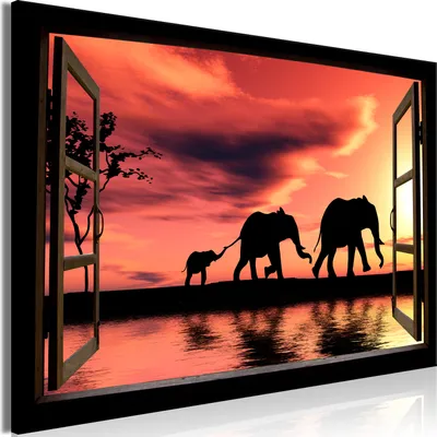 Produktbild von Modernes Wandbild Fensterblick 120x80 - 1 Teile Bilder Fotografie auf Vlies Leinwand Foto Bild Dekoration Wand Bilder Kunstdruck Afrika Elefant c-C-0376-b-a