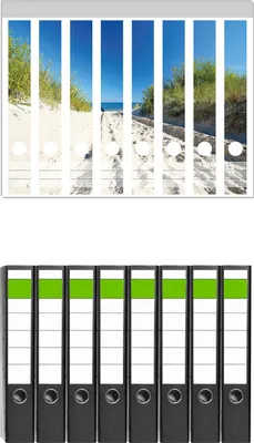 Produktbild von Wallario 8 Stück schmale Ordner inkl. Klebeetiketten mit Motive Auf dem Sandweg zum Strand - Blauer Himmel über dem Meer -  Set mit Rückenschildern / Ordnerrücken Stickern
