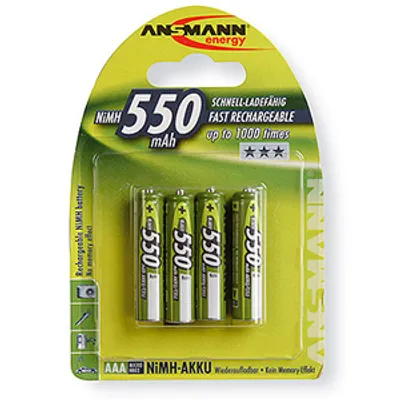 Produktbild von Ansmann Accu, AAA, 550 mAh, 550 mAh, Nickel–Metal Hydride (NiMH), 1.2 V, AAA / HR03