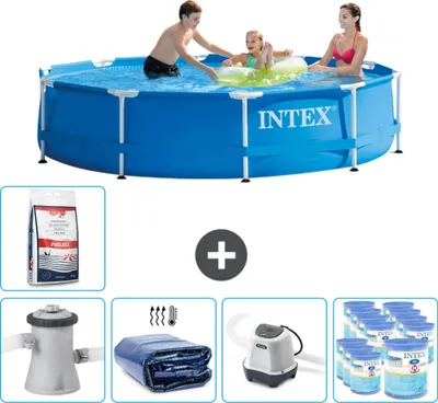 Produktbild von Intex Rundrahmen-Schwimmbecken – 305 x 76 cm – Blau – inklusive Pumpe Sonnensegel - Salzwassersystem - Filter - Poolsalz