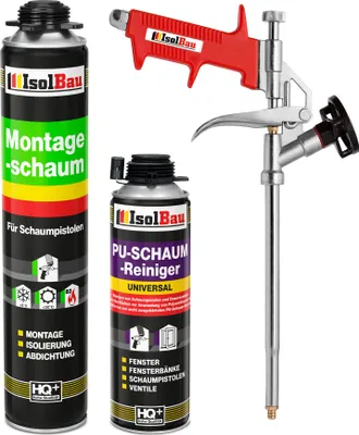 Produktbild von Isolbau Bauschaum-Set - Inkl. 1x 1K Montageschaum Pistolenschaum (750 ml), 1x Schaum-Pistole & 1x PolyurethanSchaum-Reiniger (500 ml)