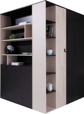 Produktbild von Furniture24 Eckkleiderschrank Planet PL-1, Garderobenschrank, Begehbarer Kleiderschrank, Schrank mit Einlegeböden, Schubladen, Kleiderstange und Innebeleuchtung Schwarz/Eiche/Beige