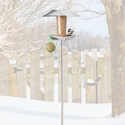 Produktbild von MeLiTec Vogelfutter-Haus VH06, aus Edelstahl, stehend, eckig, mit Futtersilo und Dach, modernes Vogelhäuschen für Garten, Vogelhaus, Futterstation