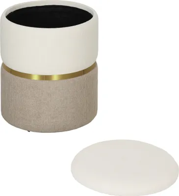 A round storage ottoman with a removable lid is shown next to the lid.