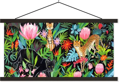 Produktbild von MuchoWow® Textilposter Dschungel - Tiere - Blumen 90x45 cm mit schwarzem Rahmen - Klemmleisten