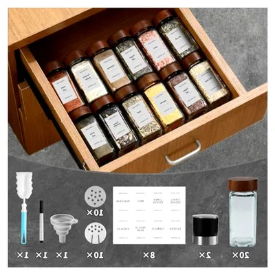 Produktbild von Set von 20 Gewürzgläsern mit Holzdeckel und Gewürzmühlen