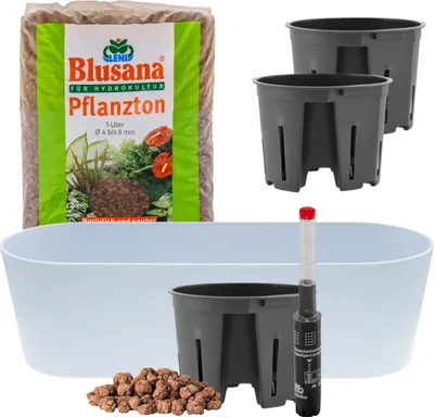 Produktbild von Leni Flori Jardiniere Blumentopf länglich 36 cm sky - pastell hellblau Hydrokultur-Komplett-Set mit Übertopf Hydro-Töpfen Wasserstandsanzeiger & Pflanzton