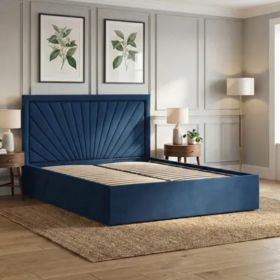 Produktbild von Polsterbett 180x200 cm – Stauraumbett ohne Bettkasten hochklappbar stabiles Doppelbett mit dekorativem Kopfteil, Samt Blau Dunkelblau VASTO 180 x 200