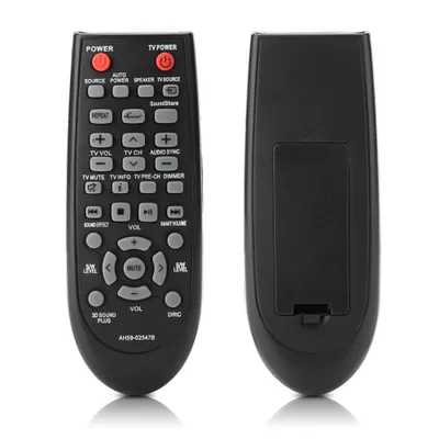 A black remote control for a soundbar is shown from the front and back.