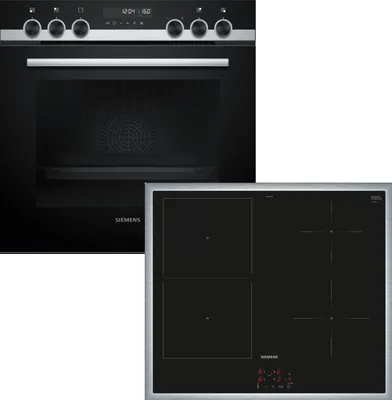 A black built-in oven and a black induction hob are shown side-by-side against a white background.