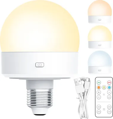Produktbild von 1x Ładowalna żarówka z pilotem, lampka nocna USB z baterią, ładowalna lampa LED 4W z gniazdem E27, 3 kolory, timer, bezprzewodowe sterowanie dotykowe