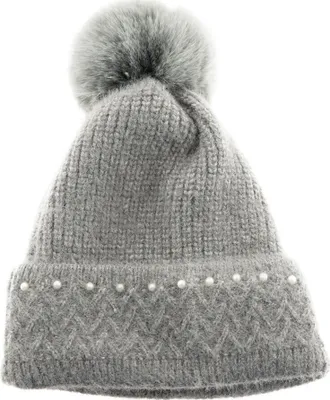 Produktbild von Bommelmütze mit Perlen bestickt Strickmütze mit Innenfutter für Damen OneSize Grau