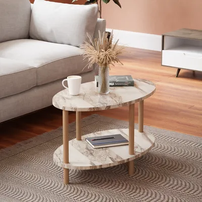 Produktbild von Couchtisch 'Højreby' oval Beine aus Buchenholz 70 x 44 x 43 cm Marmoroptik, creme