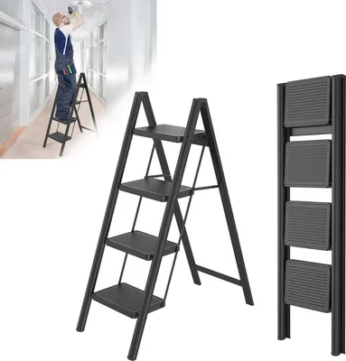 Image de XINZI Escabeau 4 marches pliable, échelle en acier, tapis en caoutchouc antidérapant, marches élargies, charge jusqu'à 250KG, ménage, bureau, garage, noir