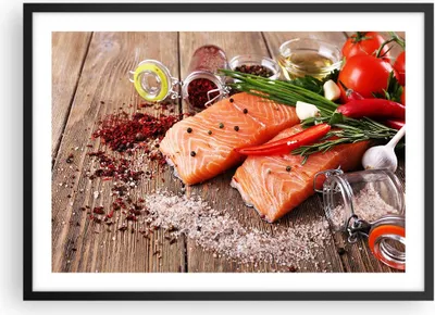 Produktbild von Gerahmtes Poster - Schwarzer Rahmen - Lachs Fisch Essen Küche - 70x50 cm - Wand Bild - Wanddeko - Wandbilder - Wandposter - Bilderrahmen - Bilder - Kunstdruck - Wandbild - P2BAA70x50-2822