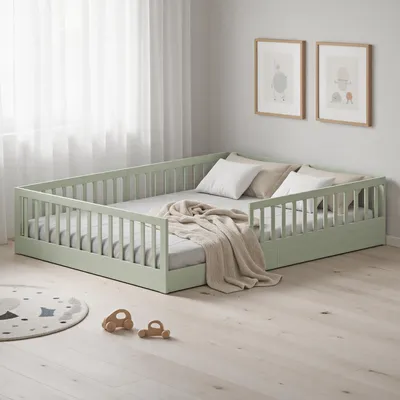Produktbild von CADANI TIMI XL Bodenbett 140x200 cm Pistachio Grün – Montessori Kinderbett & Jugendbett aus Kiefer Massivholz, bis 200 kg belastbar, abnehmbarer Rausfallschutz, inkl. Lattenrost, KI-generiertes Bild