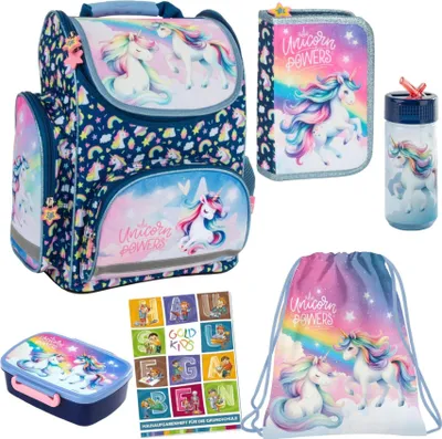 Produktbild von Goldkids - Schulranzen für Jungen und Mädchen, 6er-Set - Schul-Rucksack für Kinder mit Federmäppchen - Schuhbeutel Trinkflasche und Brotdose - Einhorn