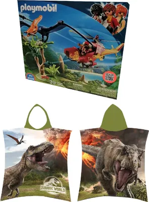 Produktbild von 2er-Set PLAYMOBIL 9430 Pteranodon Flugsaurier Pilot Helikopter mit abschließbaren Pfeilen + Jurassic World Badeponcho mit Kapuze 50x115 cm, Baumwolle