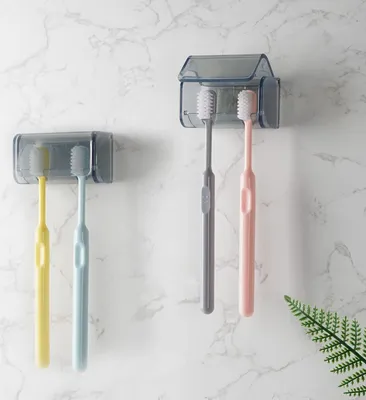 Produktbild von Stück Zahnbürstenhalter zur Wandmontage mit Abdeckung für Badezimmer, 2 Fächer, Zahnbürsten-Aufbewahrungsorganizer für Dusche, selbstklebendes Zahnbürsten-Aufhängergestell für Wohnheim, Schrank (grau)