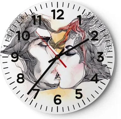 Produktbild von Wanduhr - Rund - Glasuhr - Paar Küssen Abstraktion - 30x30cm - Schleichendes Uhrwerk - Lautlos - zum Aufhängen bereit - Dekoration Modern - Wanddekoration aus Glas - C4AR30x30-3005