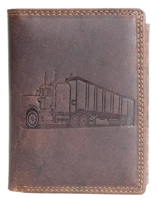 Produktbild von Herren Leder Geldbörse mit LKW Motiv und RFID Schutz – Hochformat Portemonnaie aus Echtleder, viele Kartenfächer, Münzfach mit Druckknopf