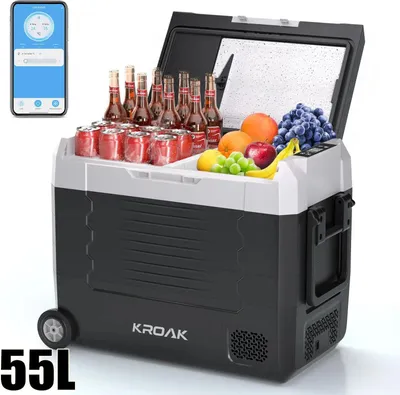 Immagine prodotto di Frigorifero portatile da auto con funzione congelatore - Frigorifero a compressore da 55 l - Doppia zona - 12/24 V CC e 240 V CA - Controllo tramite Bluetooth - Dotato di rotelle, ideale per il campeggio e i viaggi