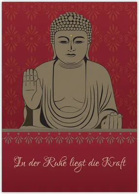 Produktbild von 4x Klassische Spruchkarte: "In der Ruhe liegt die Kraft" mit schönem Buddha auf rot
