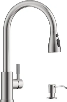 Image de Robinet de cuisine en acier inoxydable avec distributeur de savon, 3 types de jets, mitigeur
