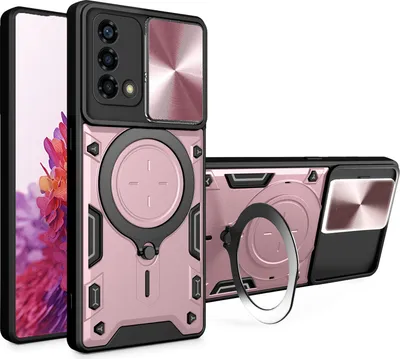 Produktbild von Handyhülle für Oppo A74 4G Dual-Layer Stoßfest Rüstung Hülle mit Dia Kameraschutz und Kreisförmig Ring Ständer Roségold
