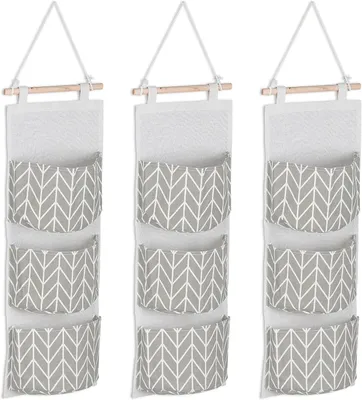 Obrázek produktu pro Závěsný organizér - 3 kapsy - Bavlna - Šířka x Výška - 74 x 20 cm - Organizér na zeď - Koupelna - Dětský pokoj - Závěsný úložný prostor - Šedá barva