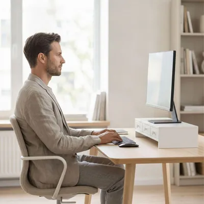 Zdjęcie produktu dla Biały stojak na monitor z 3 szufladami, materiał MDF