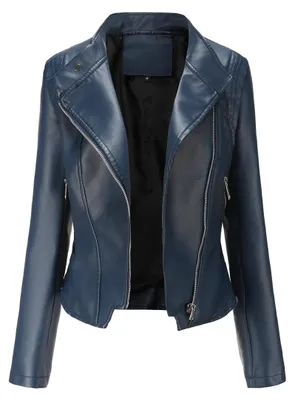 Produktbild von Damen-Bikerjacke aus echtem Leder mit Reißverschluss und Kragen, in Blau