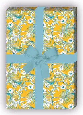 Produktbild von Vintage Sommer Geschenkpapier mit Retro Hawaii Blumen, gelb zum Einpacken - G11606, 32 x 48cm