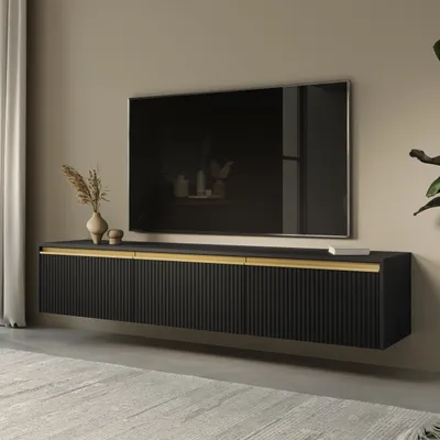Produktbild von Masseno TV-Schrank MAESTRO 180 cm Fernsehschrank mit 3 Türen TV-Lowboard für Wohnzimmer Modern 180x39x42 cm Schwarz / Schwarz