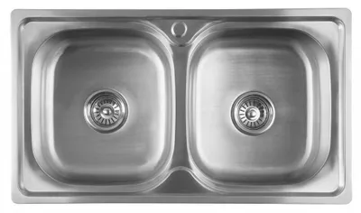 A top-down view of a stainless steel double kitchen sink.
