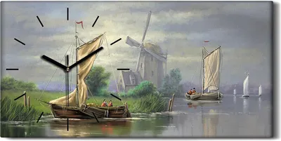 Produktbild von Wandbild Leinwand Bilder Wanduhr Quarz 60x30 Wasser schiffe Segel Windmühle - schwarze Hände