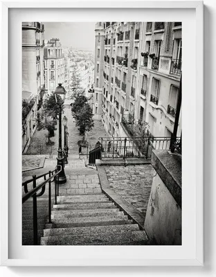 Produktbild von Schwarz-Weiß-Ansicht einer Stadtstraße– Wandbild mit Rahmen – Gerahmtes Bild  – Wanddekoration – 60x80 cm –  Weiß Rahmen