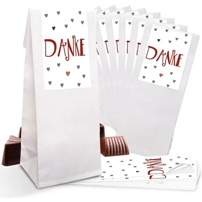 Produktbild von 25 kleine weiße Papiertüten mit Folieneinlage 7 x 4 x 20,5 cm + 25 ENGEL Aufkleber FROHES FEST braun beige Weihnachtstüten Geschenktüten Verpackung Weihnachten"Danke" rote Herzen / 25 Stück