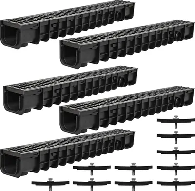 A set of four black drainage channels with grates and a set of mounting hardware are arranged on a white background.