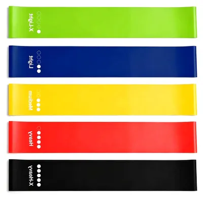 Produktbild von 5er Set Fitnessbänder aus Latex für Pilates, Gymnastik, Muskelaufbau und Dehnung, 60 x 5 cm, vielseitige Anwendungsmöglichkeiten