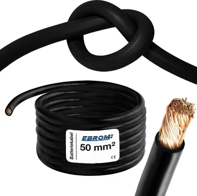 Produktbild von EBROM Batteriekabel hochflexibel Hi-Flex (Hi Flex) 50mm2 Kabel – Meterware SCHWARZ - sehr biegsam – Mantel aus PVC (70 ± 5 Shore) – 99,9 % OFC Kupfer 50 mm² - als Starterkabel, Ladekabel oder ähnliches