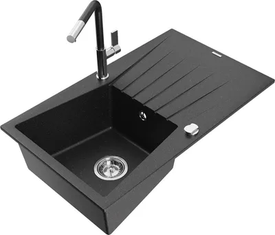 Produktbild von Mexen Cesar 1 Becken-Granitspüle mit Abtropffläche und Mischbatterie Flora, Schwarz/Silbermetallic - 6514-73-670401-07