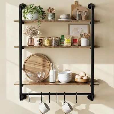 Productafbeelding van Drielaags, zwevend industrieel stalen rek, 60 cm hoog wandrek voor de keuken met 6 handdoekhaken, opbergruimte voor een koffiebar, boekenkast voor de woonkamer, decoratie voor de badkamer, rustieke bruine kleur