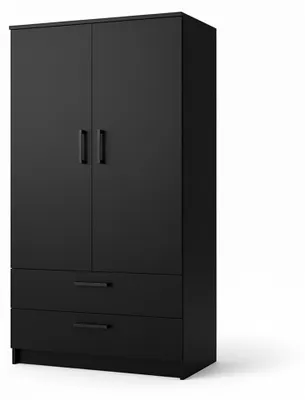 Produktbild von Margaret Hadas24 TAMARA Kleiderschrank 90 cm, 2-türiger Drehtürenschrank mit Kleiderstange und Regalen, mit Schubladen, Moderne Garderobe, schwarz