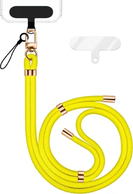 Obrázek produktu pro HoldMe Edition - Šňůrka s karabinou černá a 2 podložky - univerzální nylonová šňůrka s řetízkem na mobilní telefon - neonově žlutá